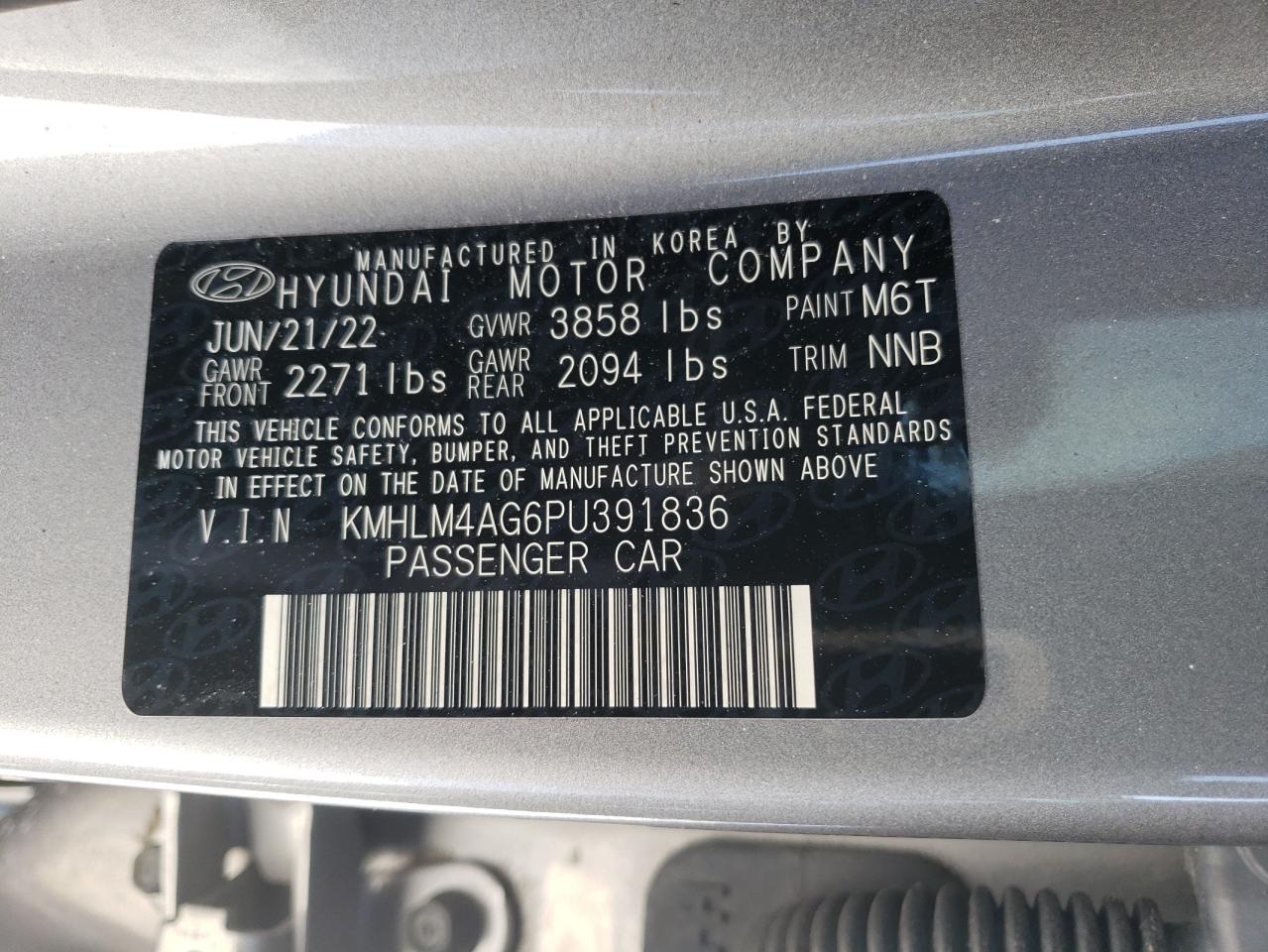 2023 HYUNDAI ELANTRA SEL VIN:KMHLM4AG6PU391836