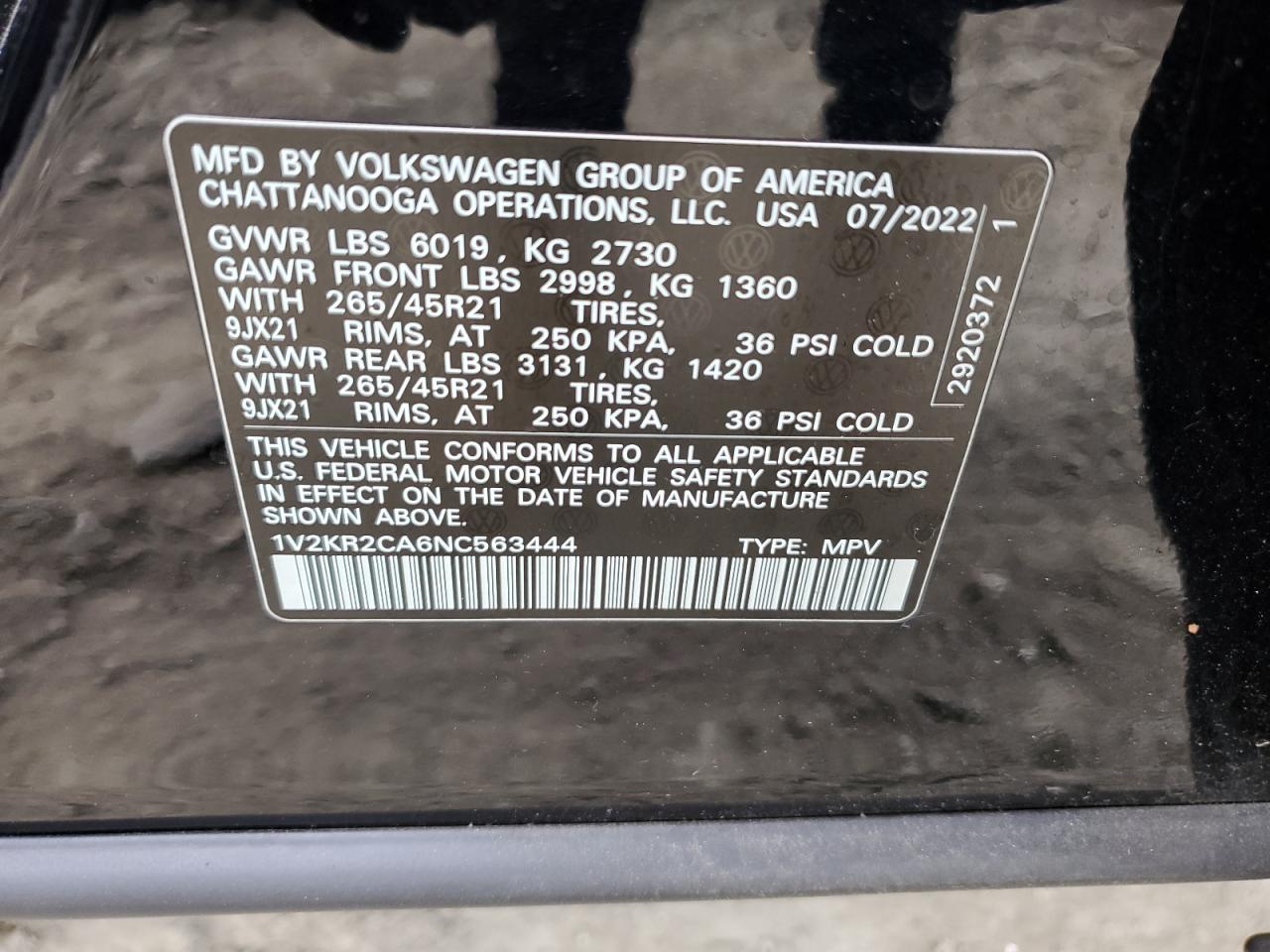 2022 VOLKSWAGEN ATLAS SE VIN:1V2KR2CA6NC563444