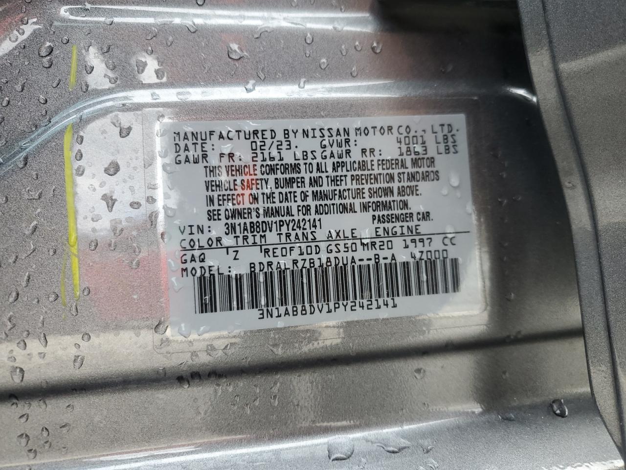2023 NISSAN SENTRA SR VIN:3N1AB8DV1PY242141