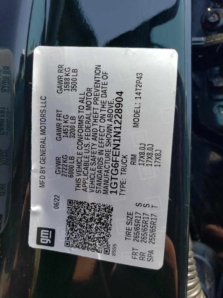 2022 GMC CANYON AT4 VIN:1GTG6FEN1N1228904