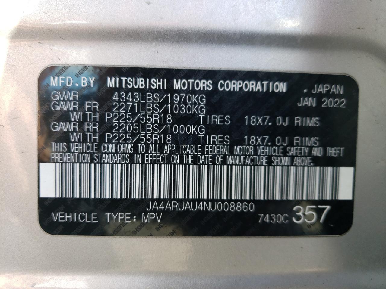 2022 MITSUBISHI OUTLANDER SPORT ES VIN:JA4ARUAU4NU008860