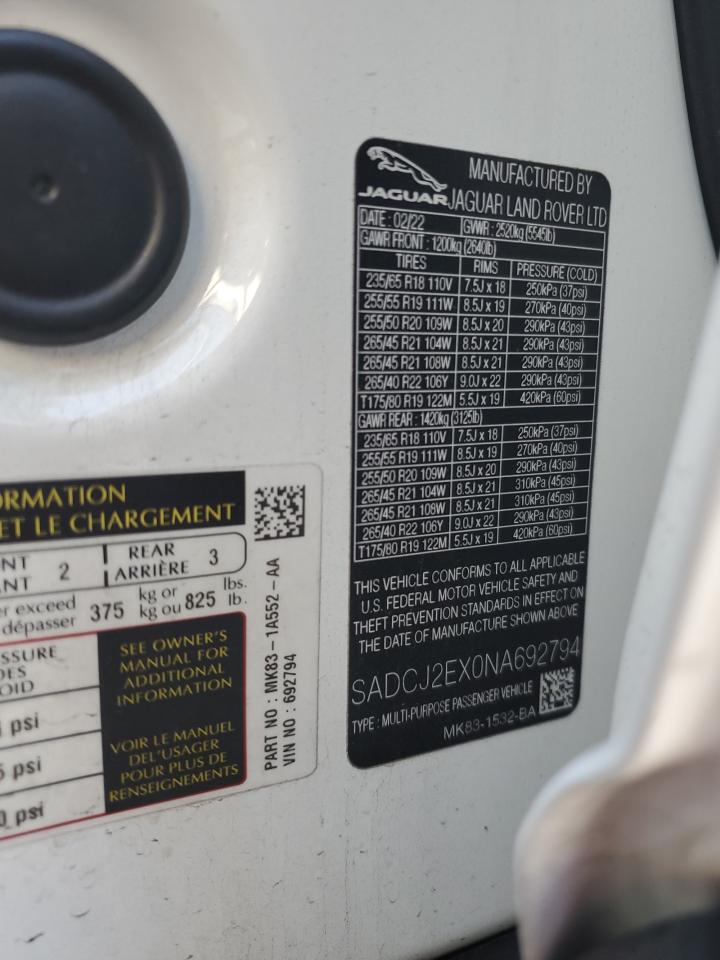 2022 JAGUAR F-PACE S VIN:SADCJ2EX0NA692794