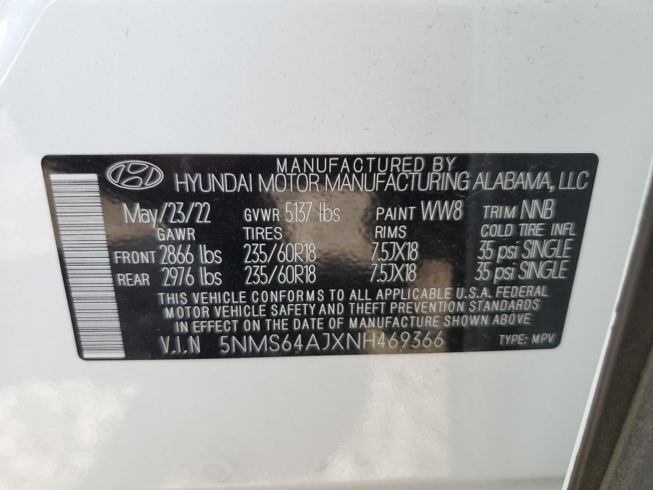 2022 HYUNDAI SANTA FE SEL VIN:5NMS64AJXNH469366