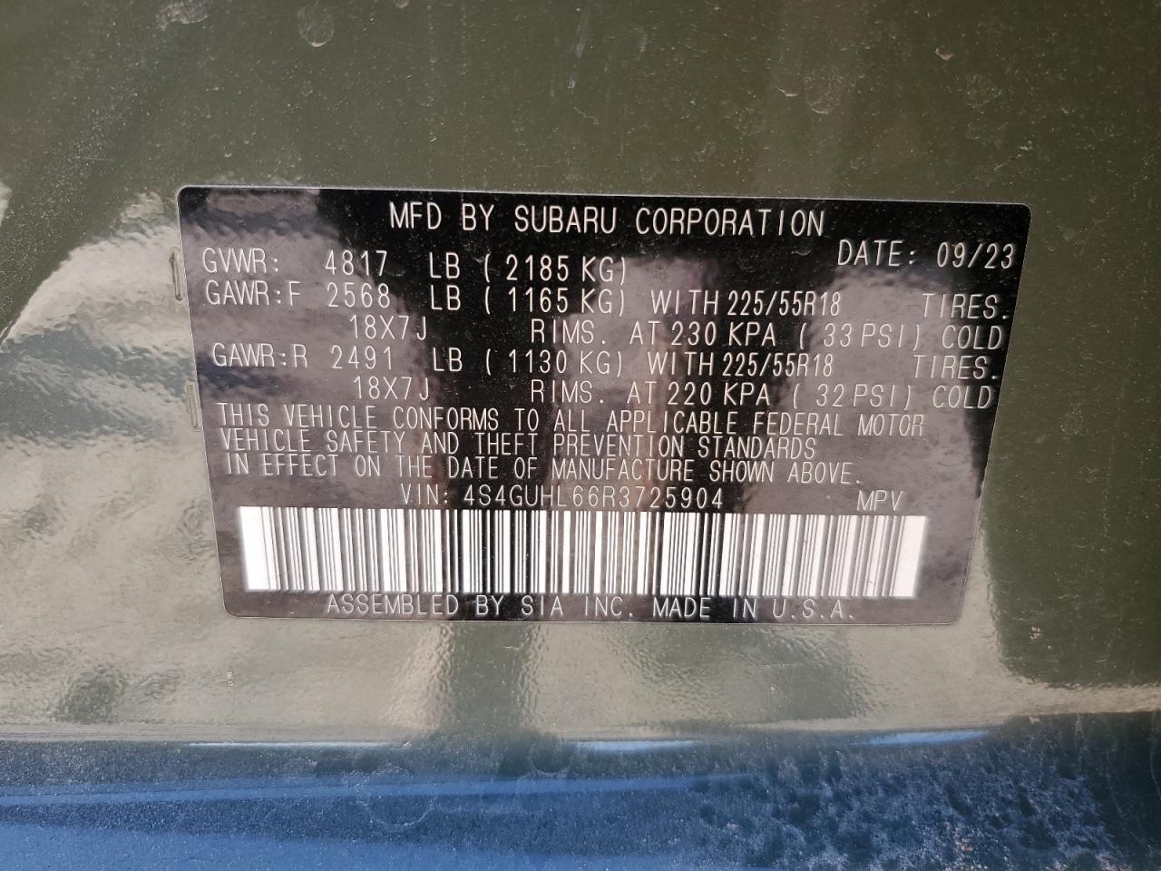 2024 SUBARU CROSSTREK LIMITED VIN:4S4GUHL66R3725904