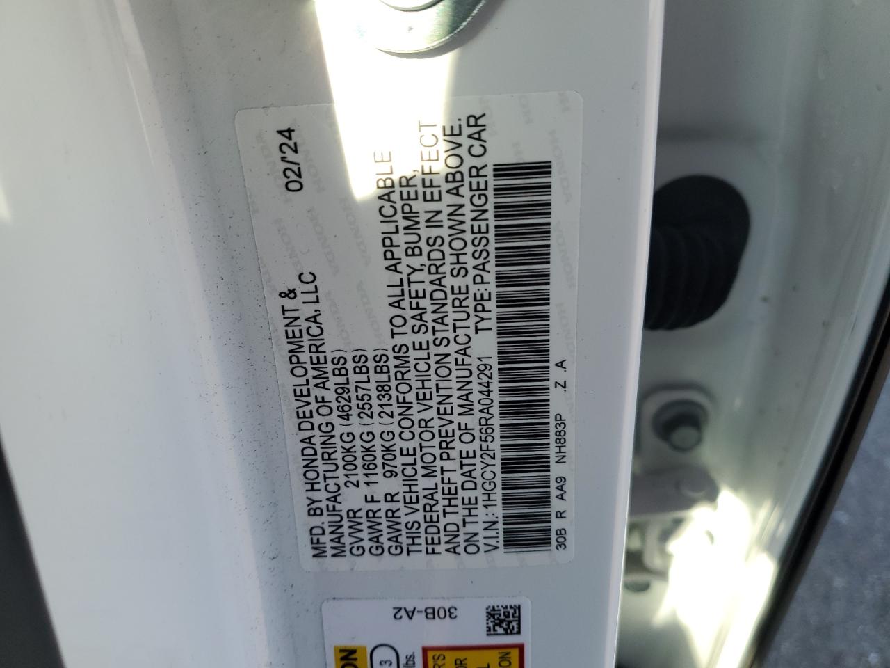 2024 HONDA ACCORD HYBRID SPORT VIN:1HGCY2F56RA044291