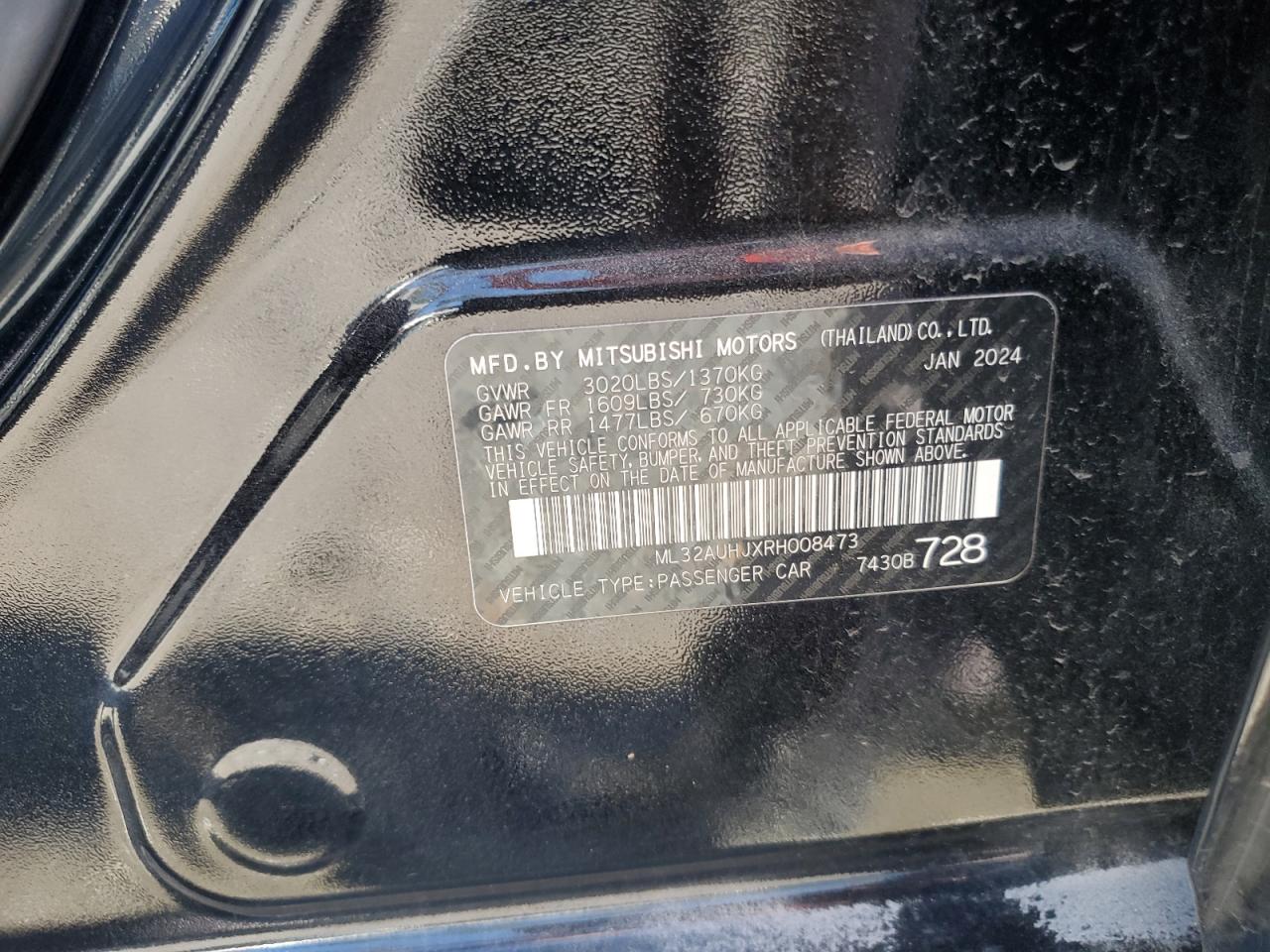 2024 MITSUBISHI MIRAGE ES VIN:ML32AUHJXRH008473