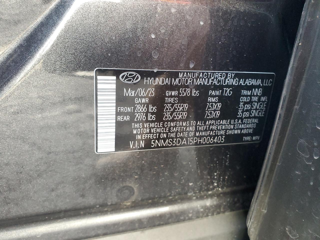 2023 HYUNDAI SANTA FE SEL PREMIUM VIN:5NMS3DA15PH006403