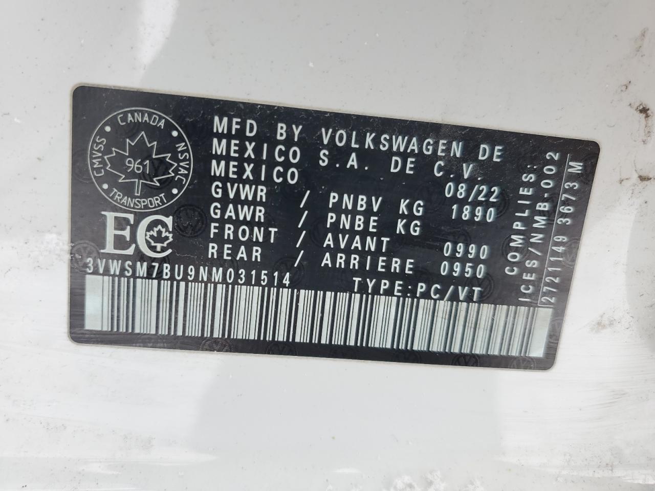 2022 VOLKSWAGEN JETTA COMFORTLINE VIN:3VWSM7BU9NM031514