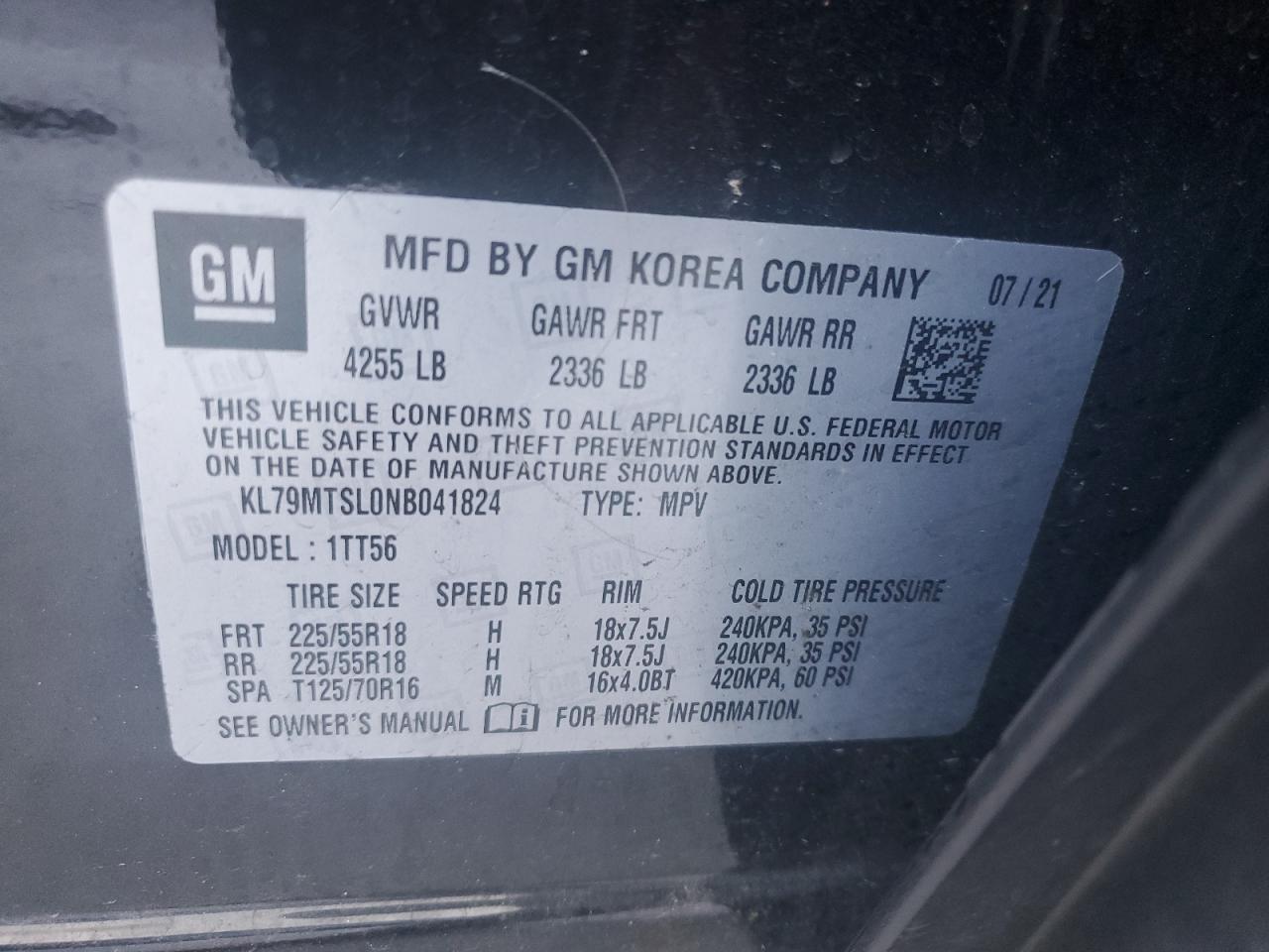 2022 CHEVROLET TRAILBLAZER RS VIN:KL79MTSL0NB041824