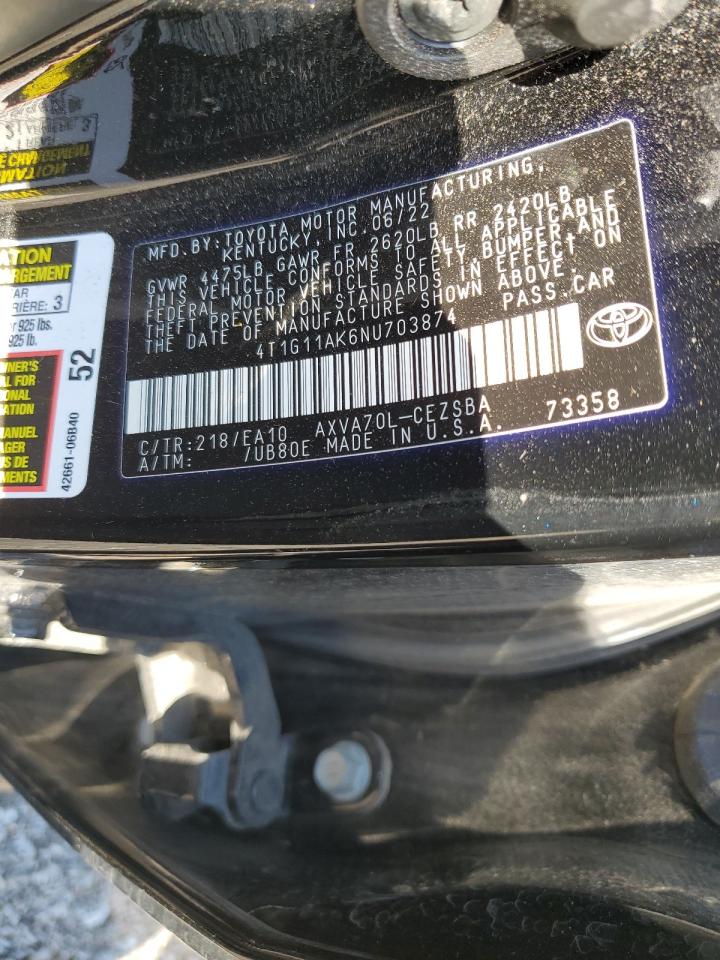 2022 TOYOTA CAMRY SE VIN:4T1G11AK6NU703874