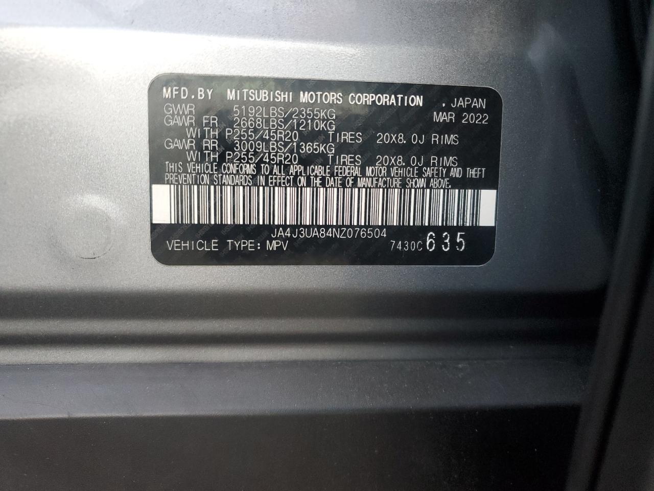 2022 MITSUBISHI OUTLANDER SE VIN:JA4J3UA84NZ076504