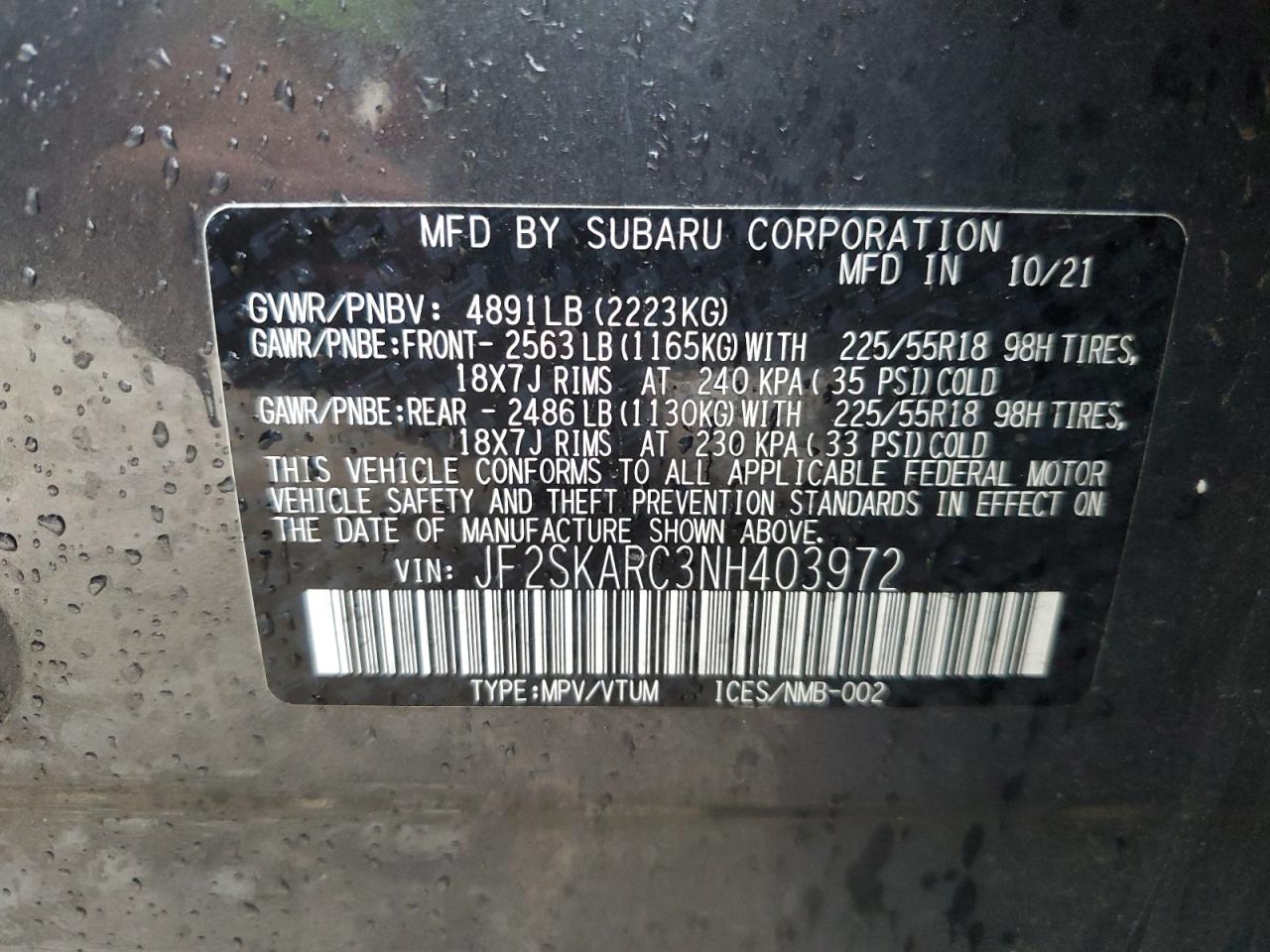 2022 SUBARU FORESTER TOURING VIN:JF2SKARC3NH403972