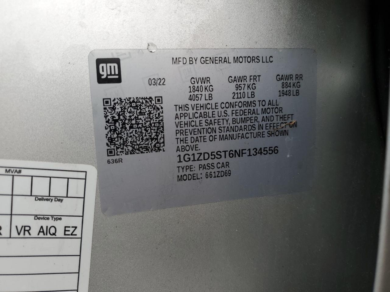 2022 CHEVROLET MALIBU LT VIN:1G1ZD5ST6NF134556