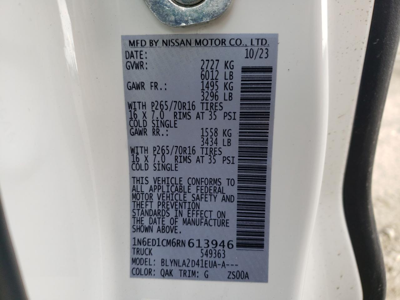 2024 NISSAN FRONTIER S VIN:1N6ED1CM6RN613946