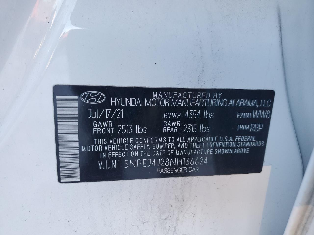 2022 HYUNDAI SONATA SEL PLUS VIN:5NPEJ4J28NH136624