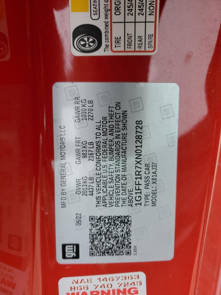 2022 CHEVROLET CAMARO LT1 VIN:1G1FF1R7XN0128728