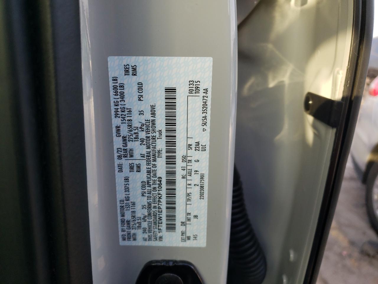 2023 FORD F150 SUPERCREW VIN:1FTEW1EP7PKF10649