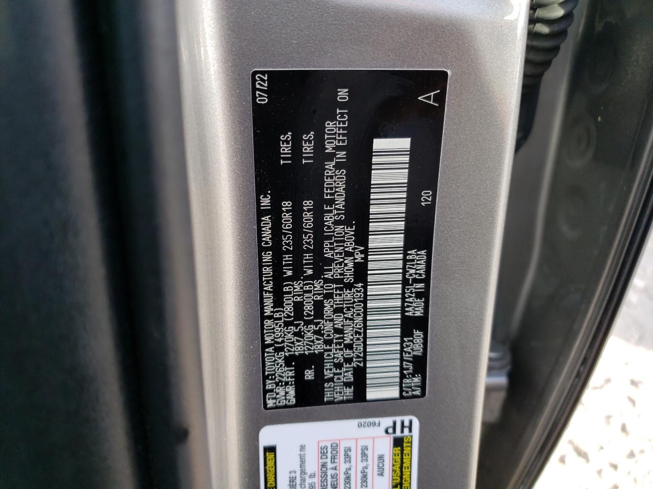 2022 LEXUS NX 250 VIN:2T2GDCEZ6NC001934