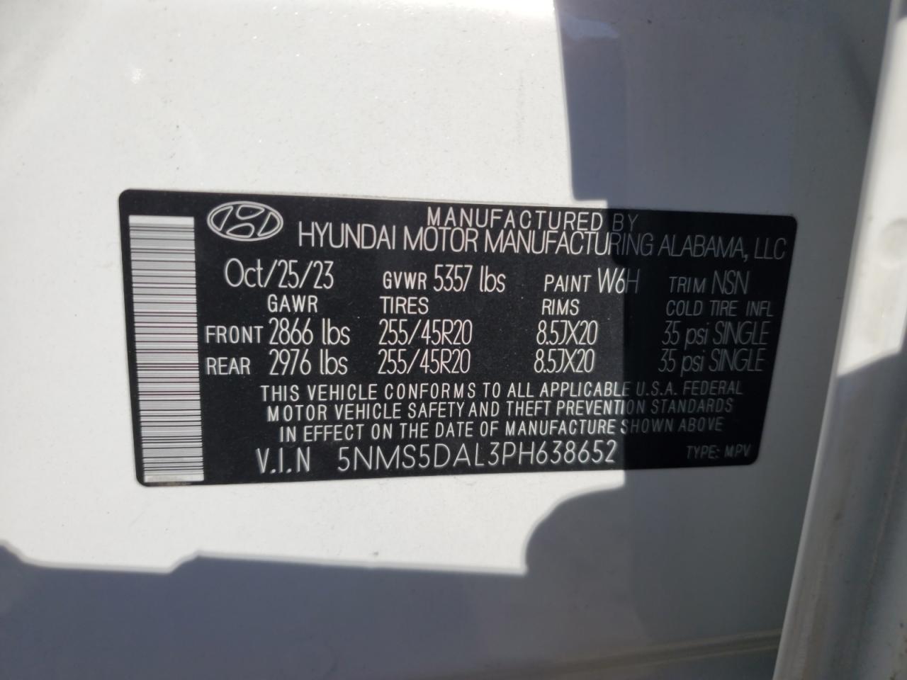 2023 HYUNDAI SANTA FE CALLIGRAPHY VIN:5NMS5DAL3PH638652