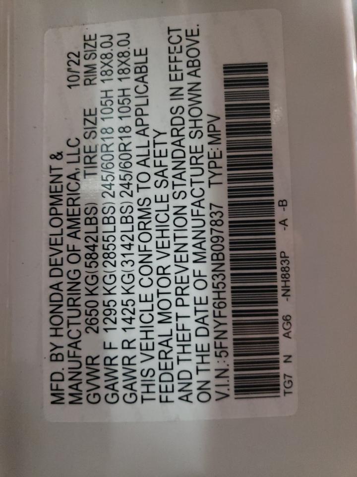 2022 HONDA PILOT EXL VIN:5FNYF6H53NB097837