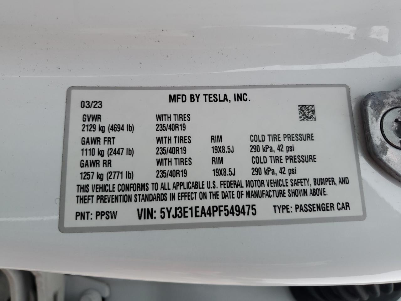 2023 TESLA MODEL 3  VIN:5YJ3E1EA4PF549475