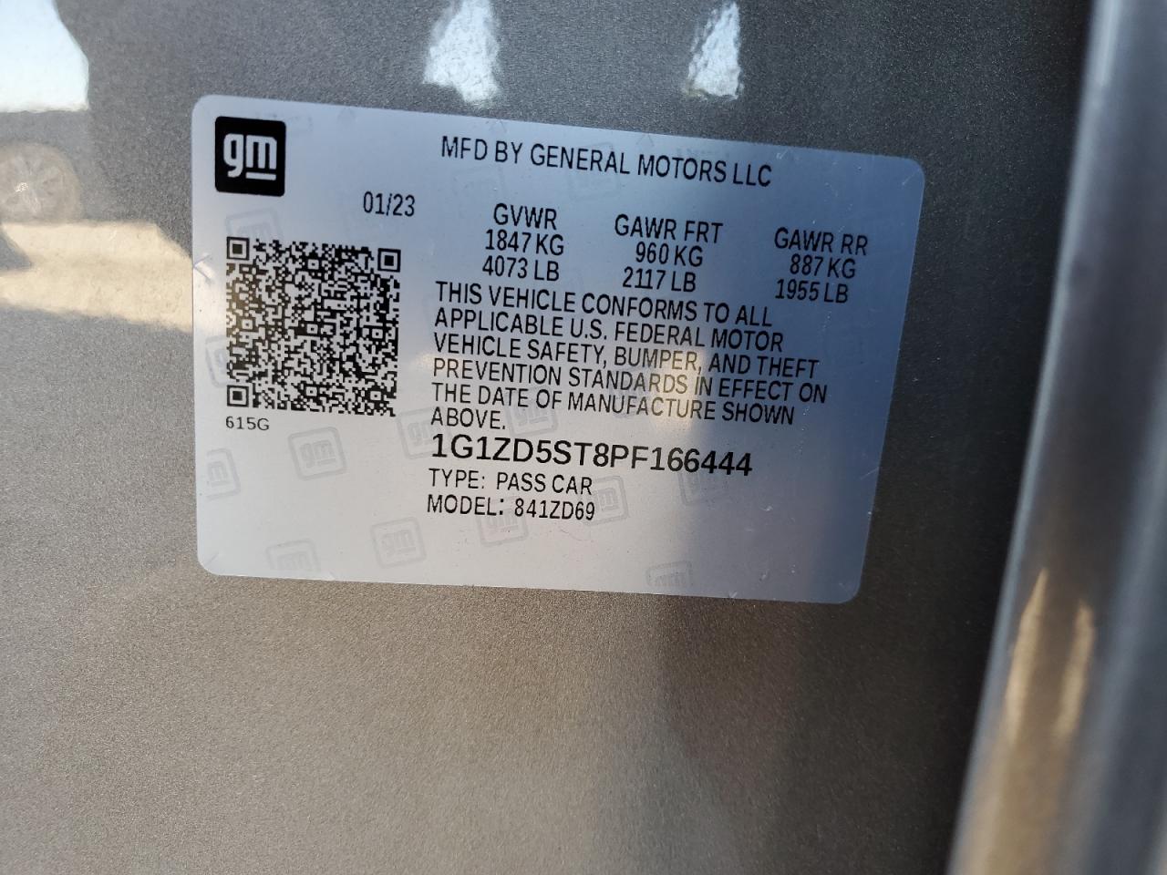 2023 CHEVROLET MALIBU LT VIN:1G1ZD5ST8PF166444