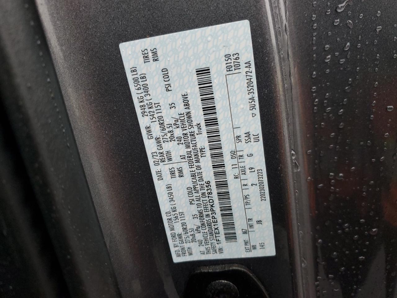 2023 FORD F150 SUPER CAB VIN:1FTEX1EP3PKD78356