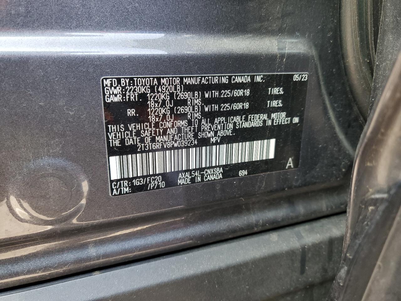 2023 TOYOTA RAV4 SE VIN:2T3T6RFV8PW039234