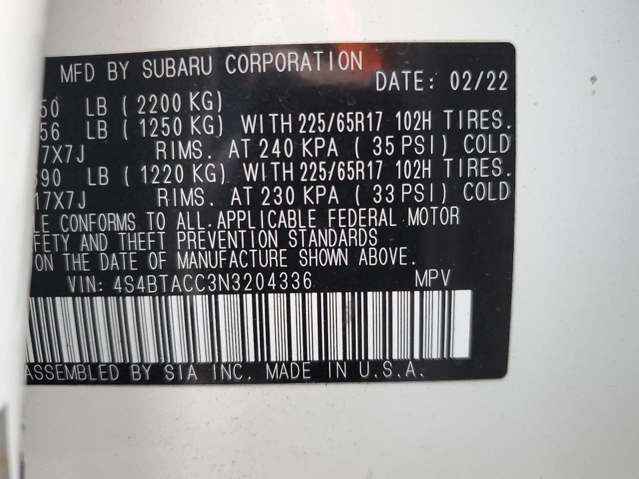 2022 SUBARU OUTBACK PREMIUM VIN:4S4BTACC3N3204336