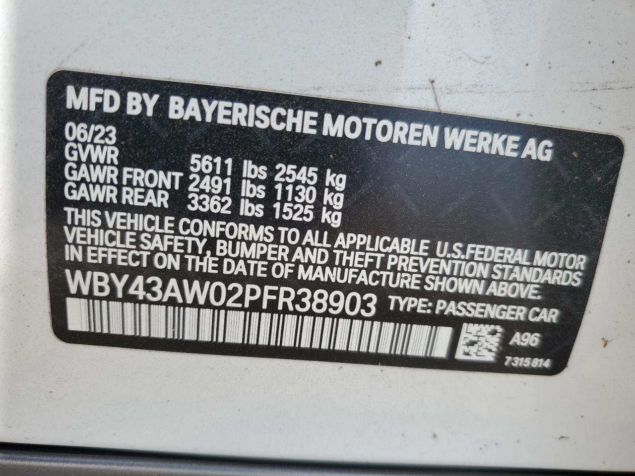 2023 BMW I4 EDRIVE 35 VIN:WP0AA2A8XNS255297