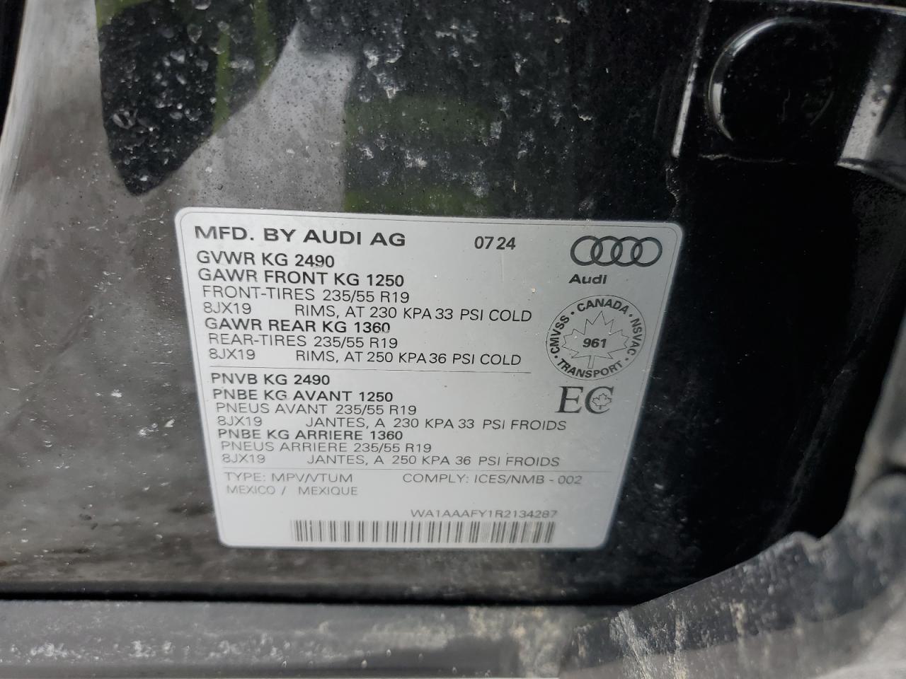 2024 AUDI Q5 KOMFORT 45 VIN:WA1AAAFY1R2134287