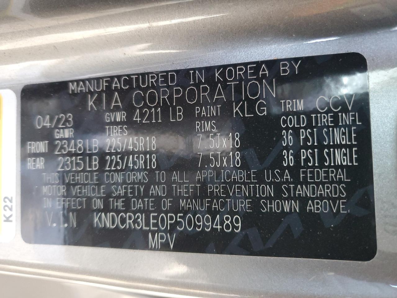 2023 KIA NIRO EX VIN:KNDCR3LE0P5099489