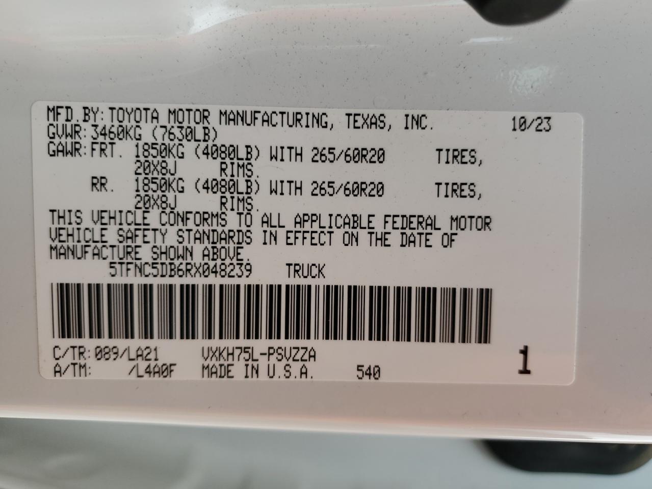 2024 TOYOTA TUNDRA CREWMAX PLATINUM VIN:5TFNC5DB6RX048239