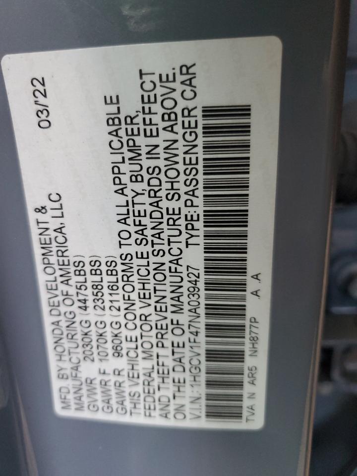 2022 HONDA ACCORD SPORT SE VIN:1HGCV1F47NA039427