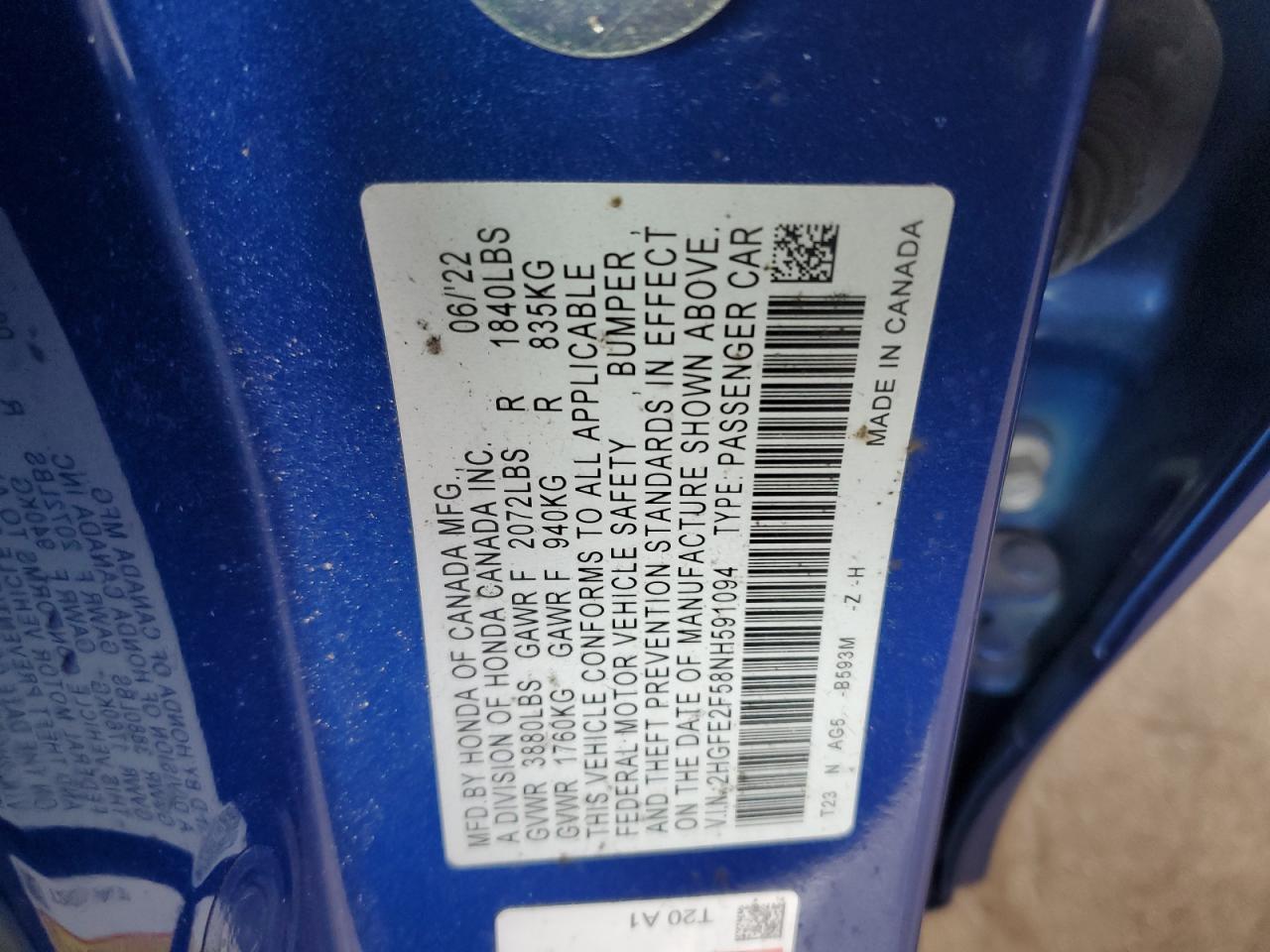 2022 HONDA CIVIC SPORT VIN:2HGFE2F58NH591094