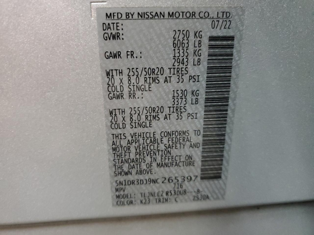 2022 NISSAN PATHFINDER PLATINUM VIN:5N1DR3DJ9NC265397