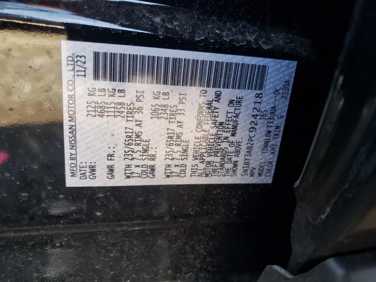 2023 NISSAN ROGUE S VIN:5N1BT3AB2PC924218