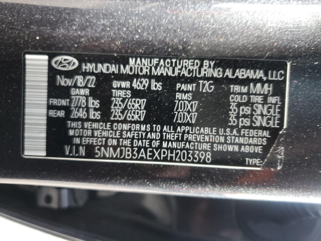 2023 HYUNDAI TUCSON SEL VIN:5NMJB3AEXPH203398