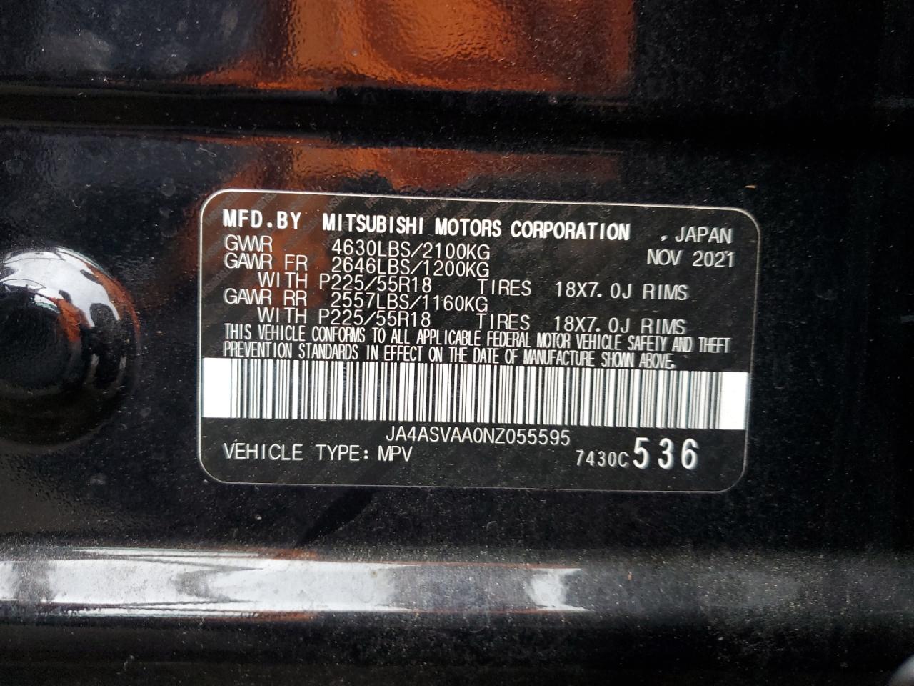 2022 MITSUBISHI ECLIPSE CROSS LE VIN:JA4ASVAA0NZ055595