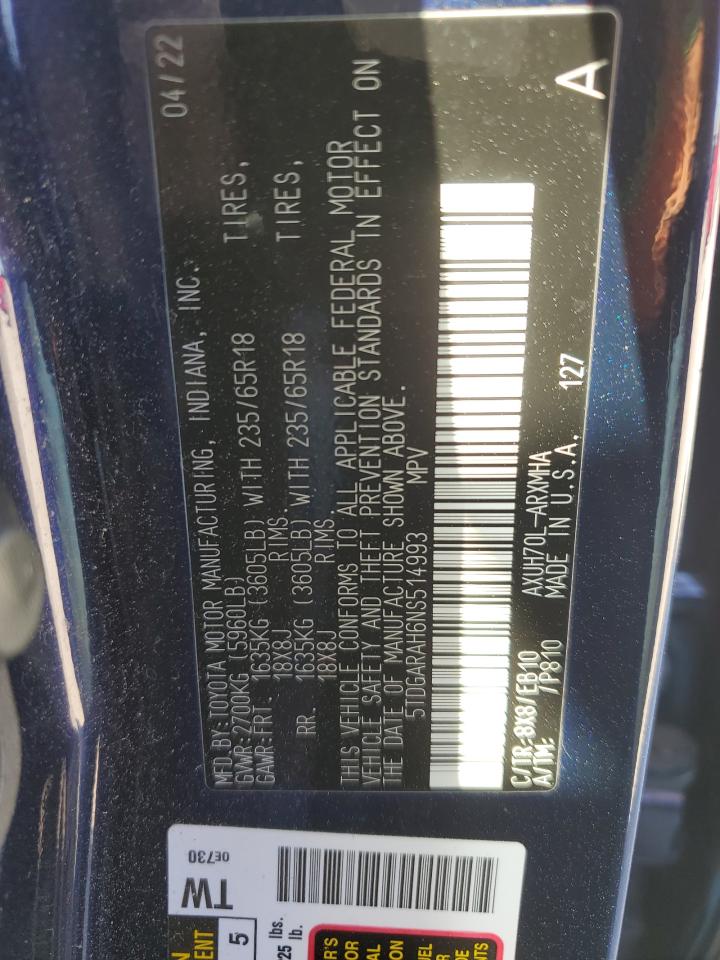 2022 TOYOTA HIGHLANDER HYBRID XLE VIN:5TDGARAH6NS514993