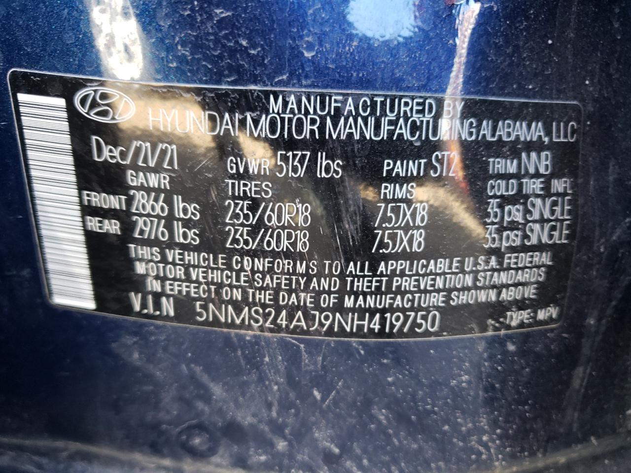 2022 HYUNDAI SANTA FE SEL VIN:5NMS24AJ9NH419750