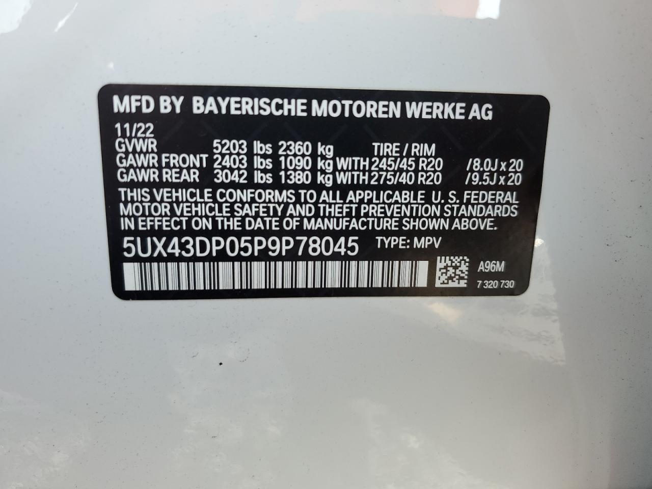 2023 BMW X3 SDRIVE30I VIN:5UX43DP05P9P78045