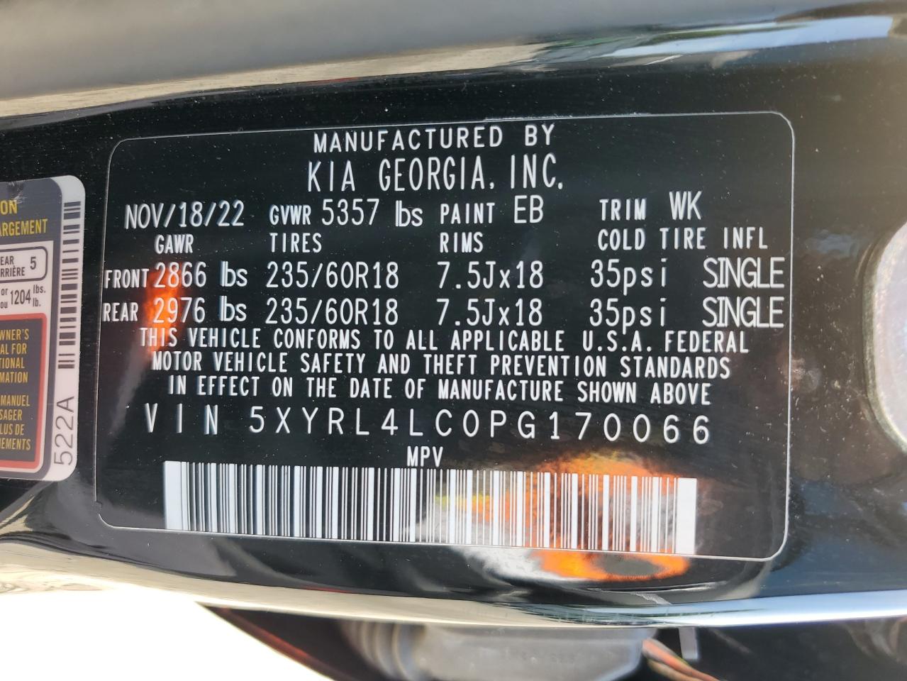 2023 KIA SORENTO S VIN:5XYRL4LC0PG170066