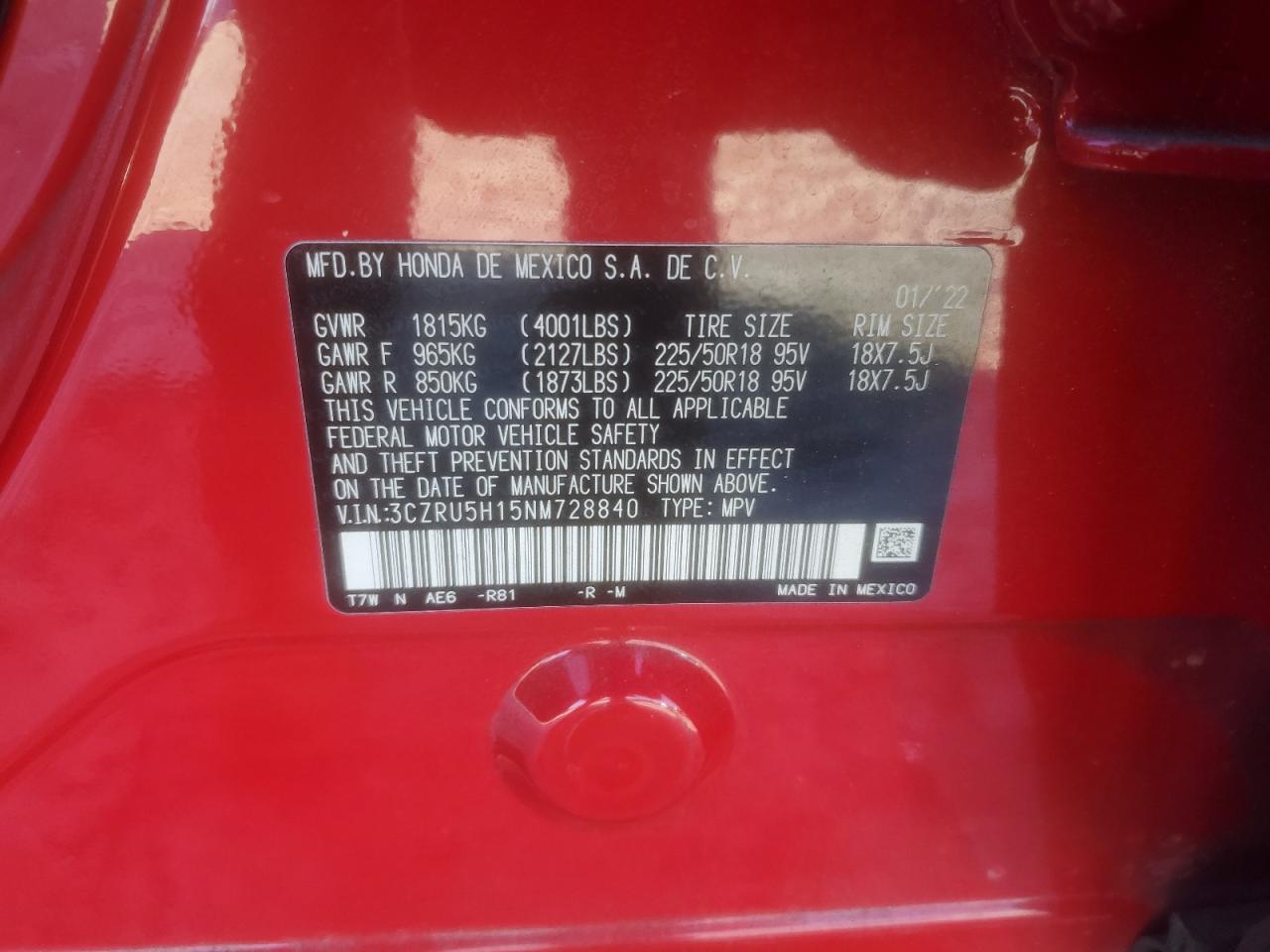 2022 HONDA HR-V SPORT VIN:3CZRU5H15NM728840