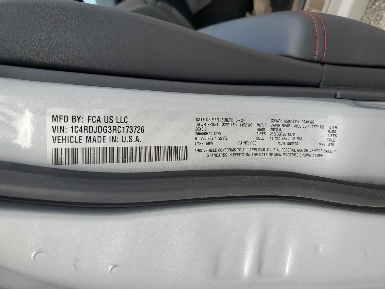 2024 DODGE DURANGO GT VIN:1C4RDJDG3RC173726