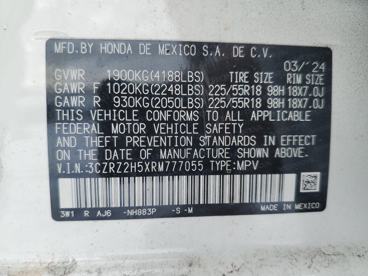 2024 HONDA HR-V SPORT VIN:3CZRZ2H5XRM777055