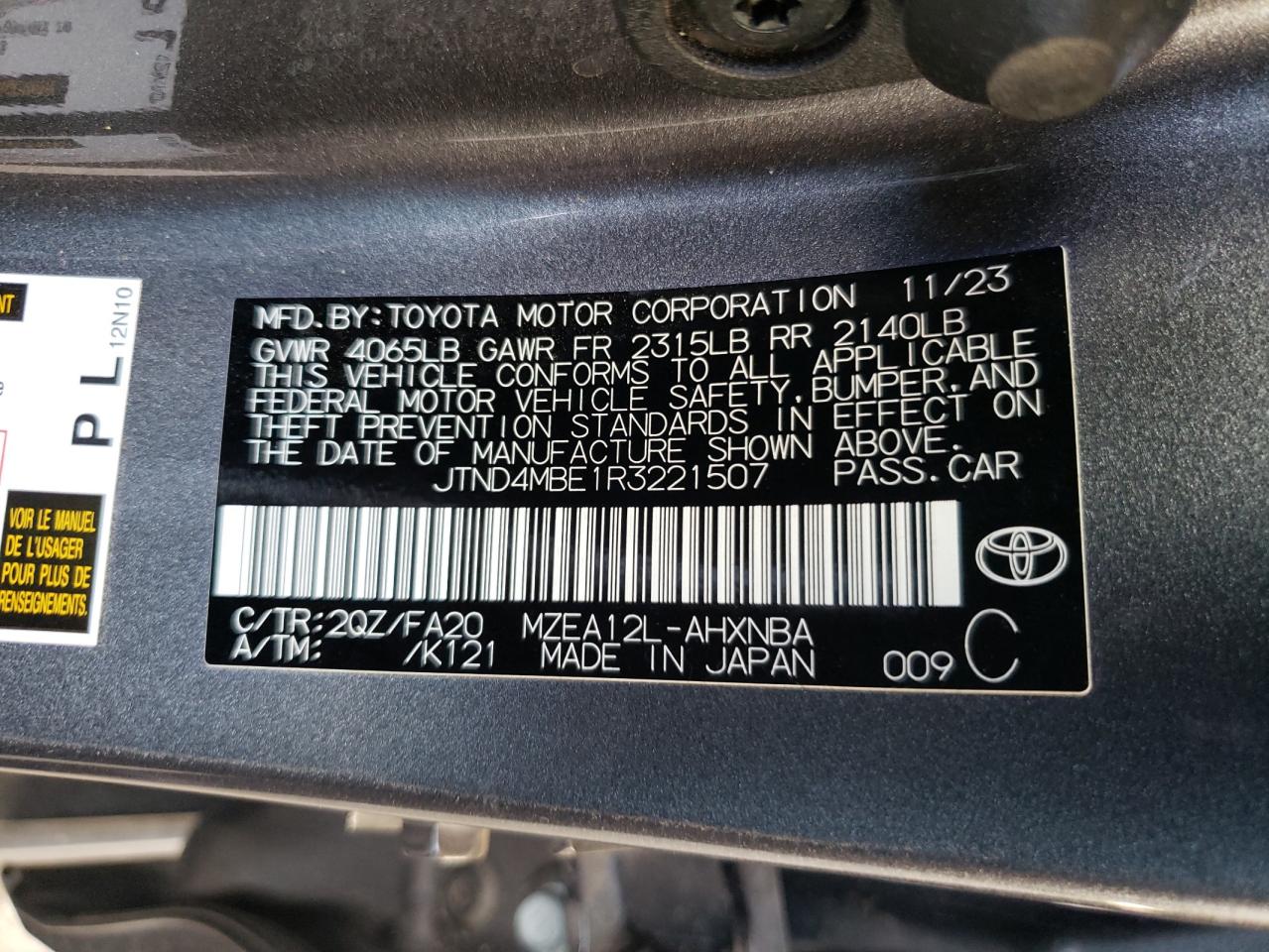 2024 TOYOTA COROLLA SE VIN:JTND4MBE1R3221507