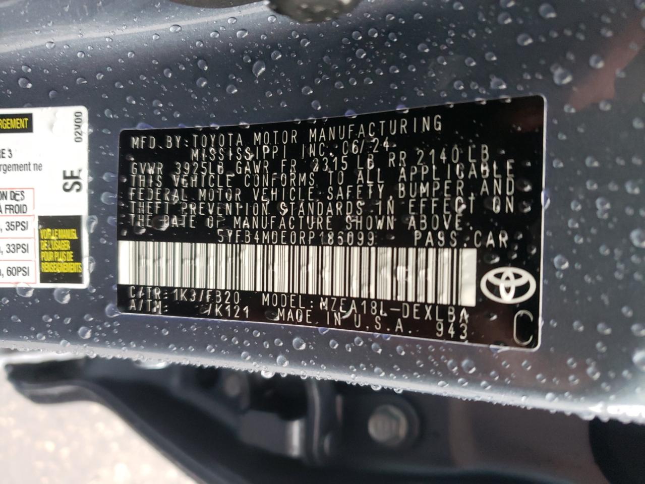 2024 TOYOTA COROLLA LE VIN:5YFB4MDE0RP186099