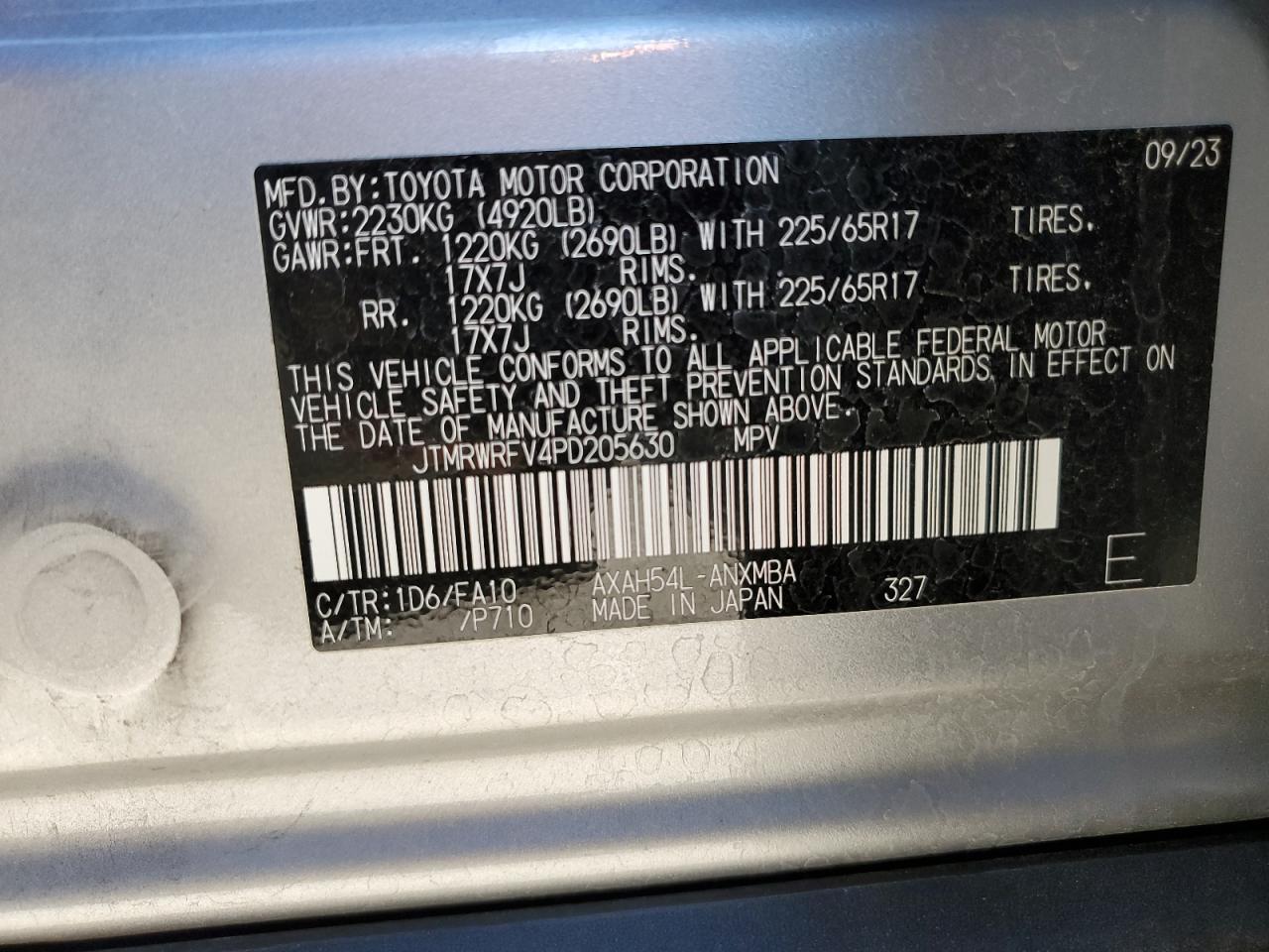 2023 TOYOTA RAV4 XLE VIN:JTMRWRFV4PD205630