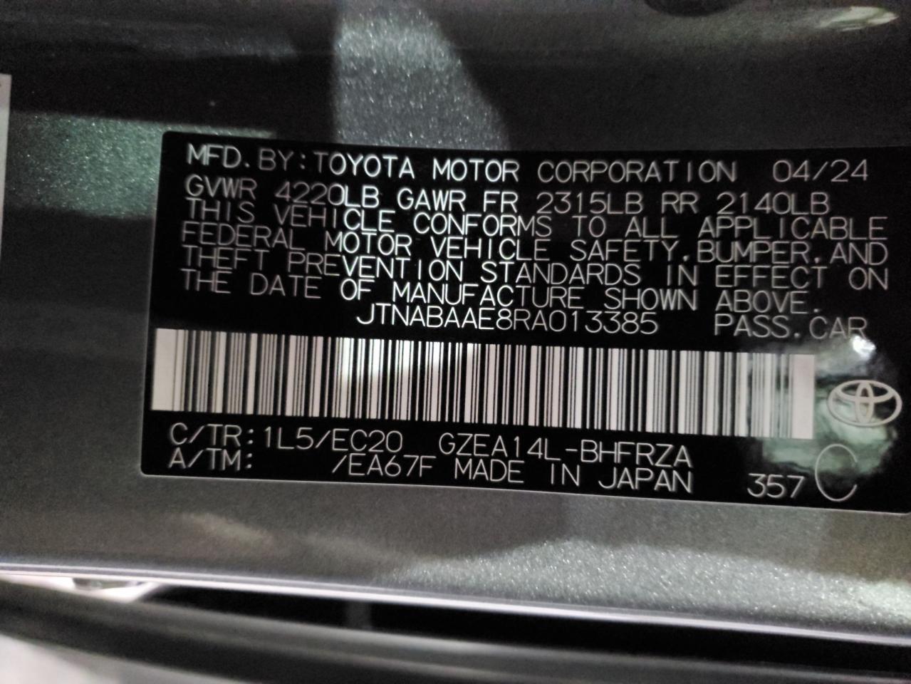 2024 TOYOTA GR COROLLA CORE VIN:JTNABAAE8RA013385